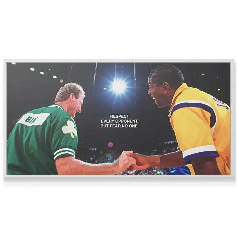 Wide-angle shot of the Celtics and Lakers legends showing competitive Bird & Magic - Respect.