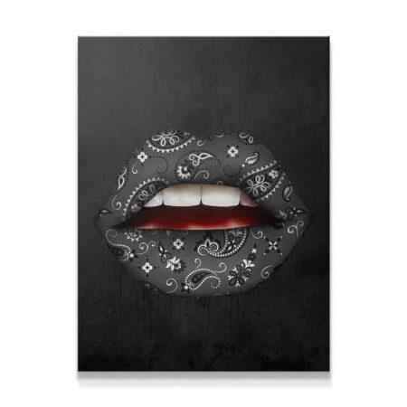 Close-up view of the black and gray paisley pattern on the Black Bandana Lips canvas art.