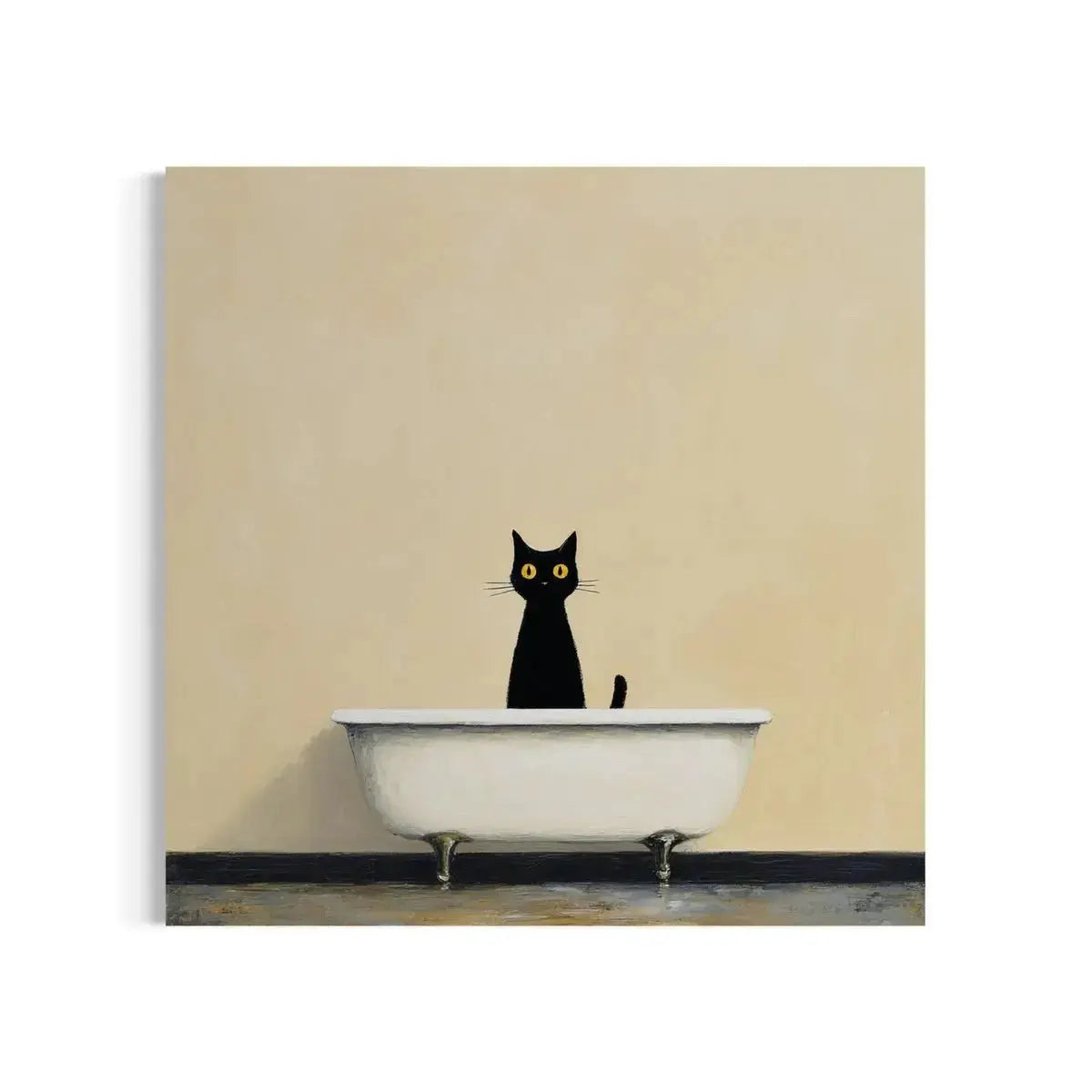 Full square view of the Black Cat Bathroom Wall Art – Minimalist Tub Canvas centered on a pale beige background.