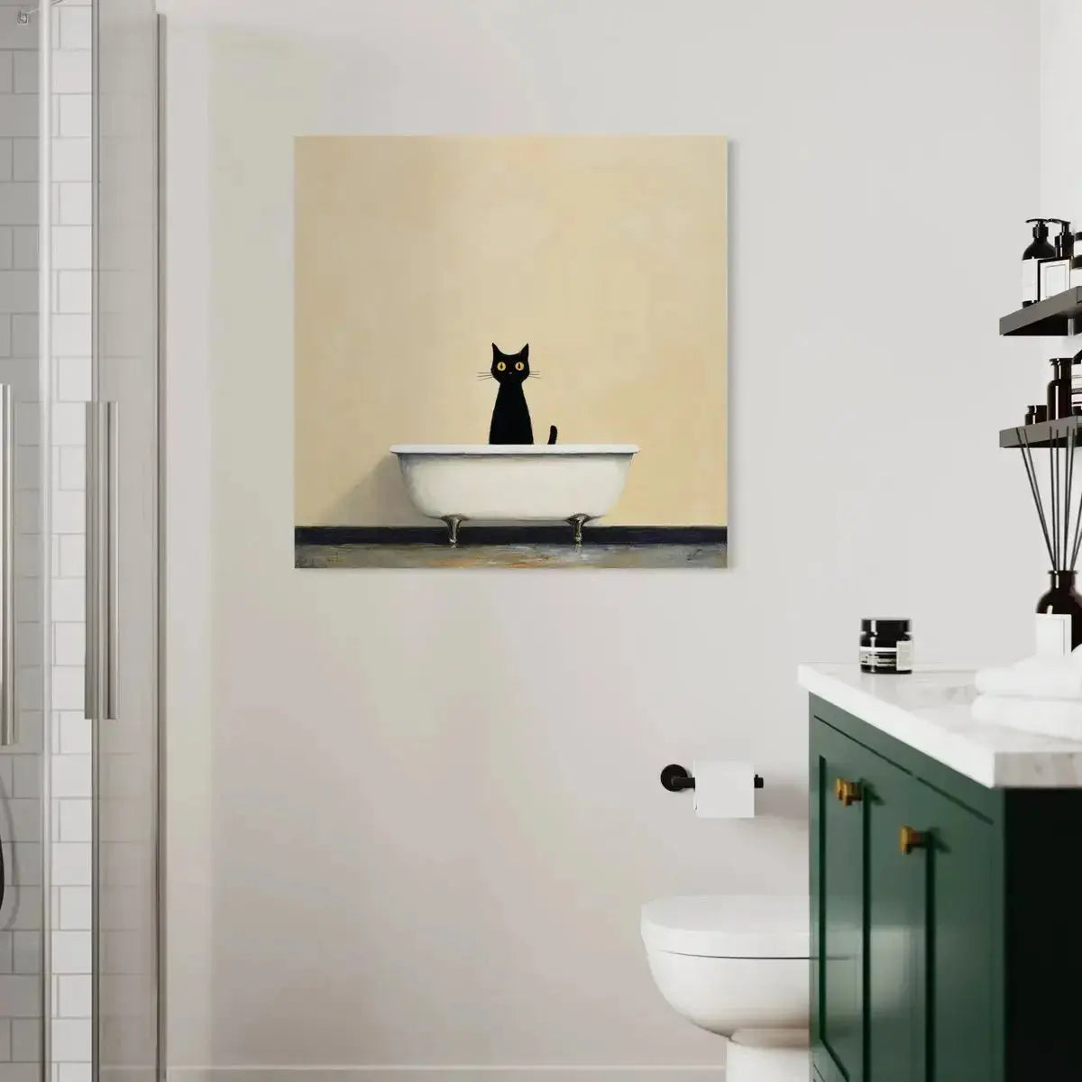 Close-up detail of the black cat's bright yellow eyes depicted in the Black Cat Bathroom Wall Art – Minimalist Tub Canvas.