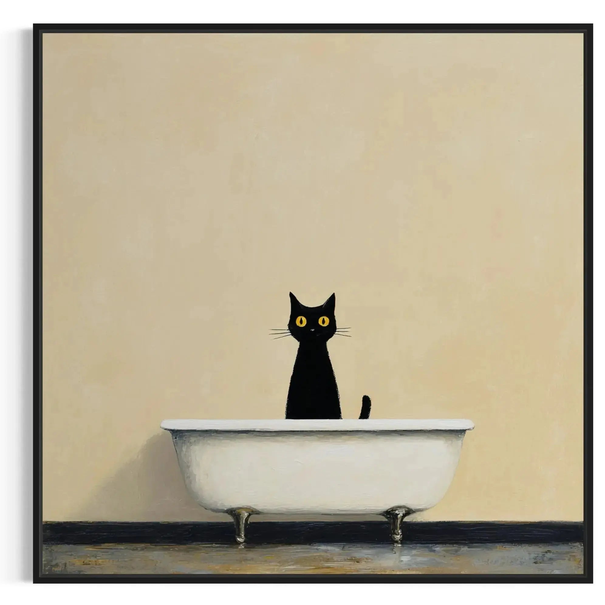 Lifestyle photo showing the Black Cat Bathroom Wall Art – Minimalist Tub Canvas hanging above a modern sink basin.