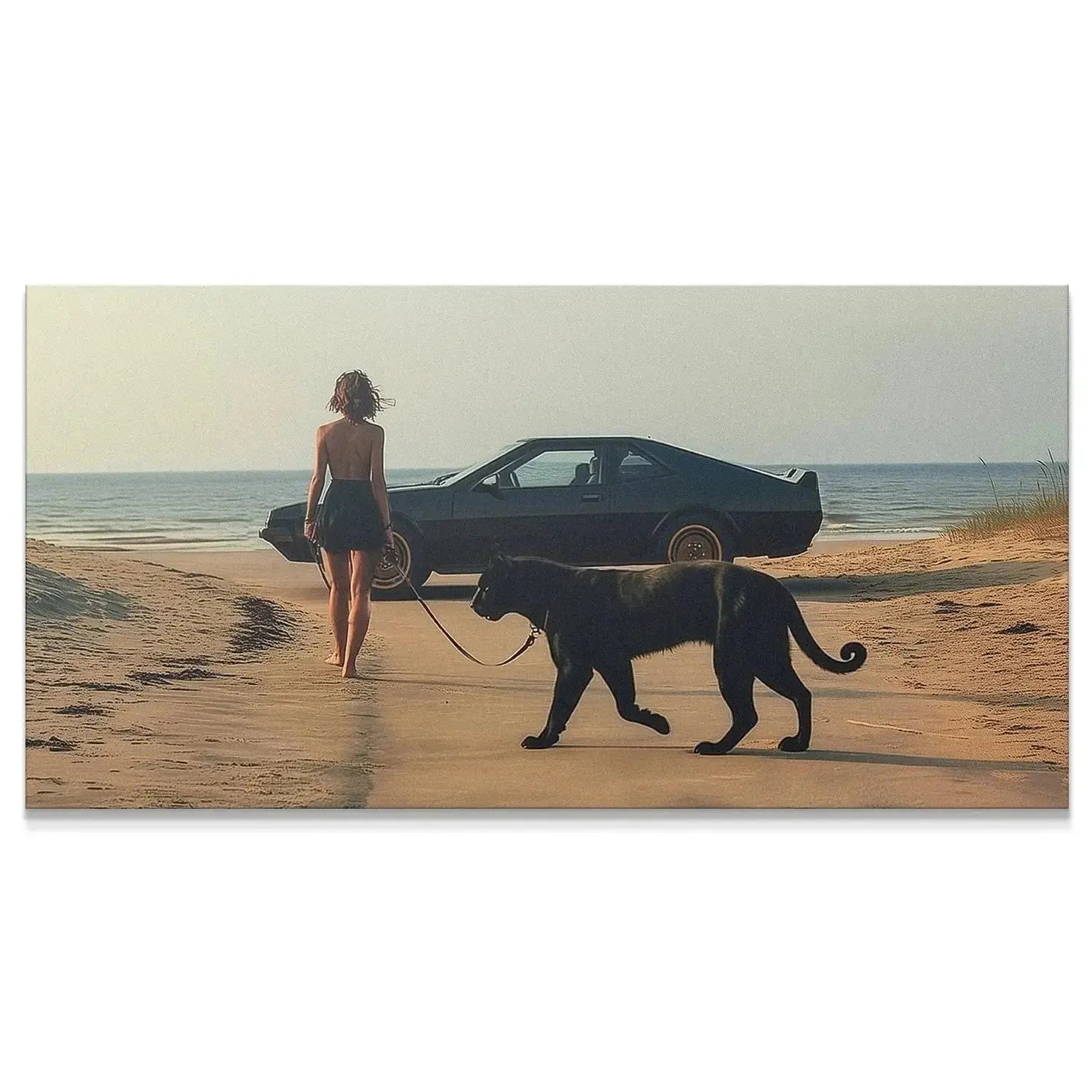 Cinematic wide shot featuring the woman, vintage car, and Black Panther walking on the secluded beach road.