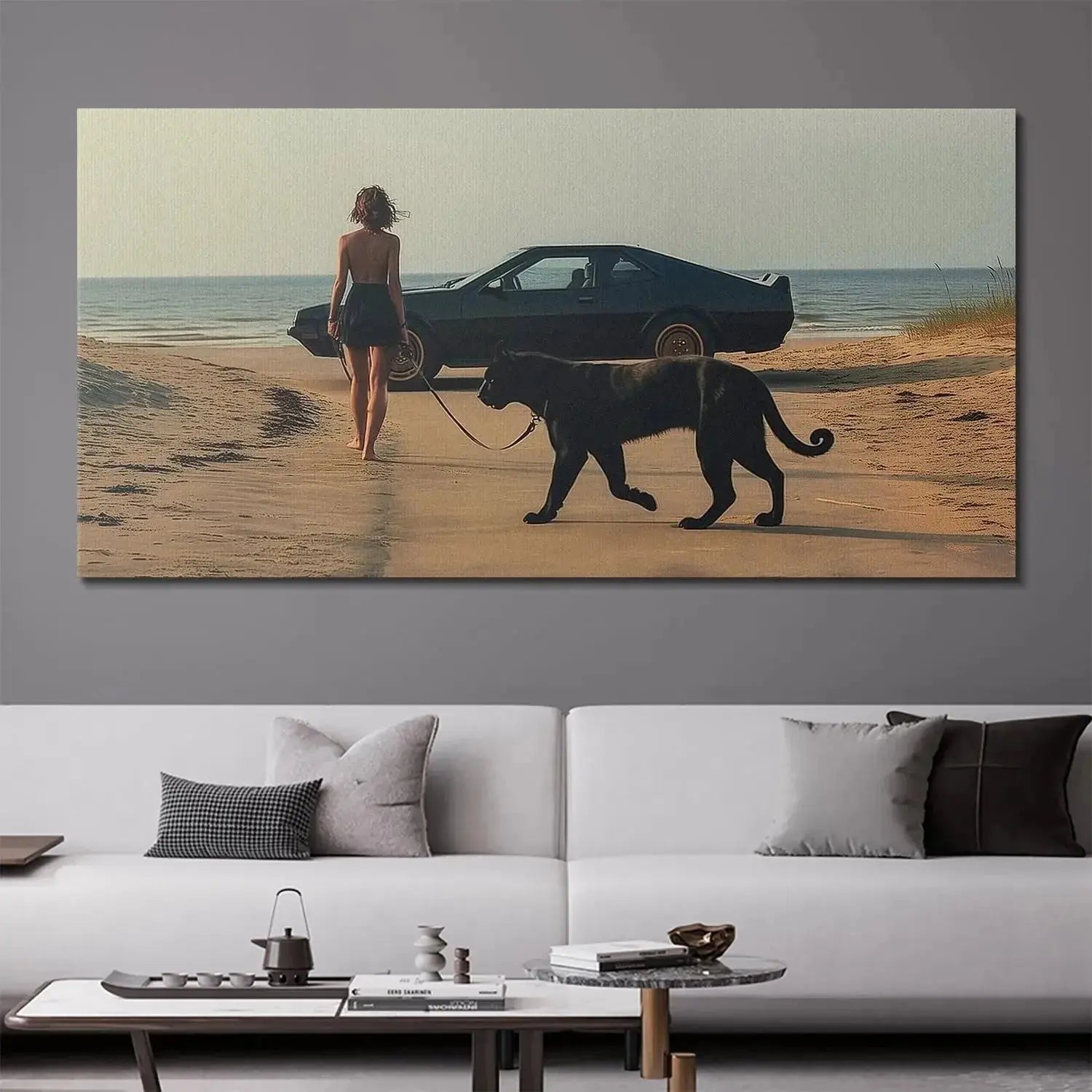 Retro-style wall art showing the elegant silhouette of the Black Panther contrasting with a dark sports car.