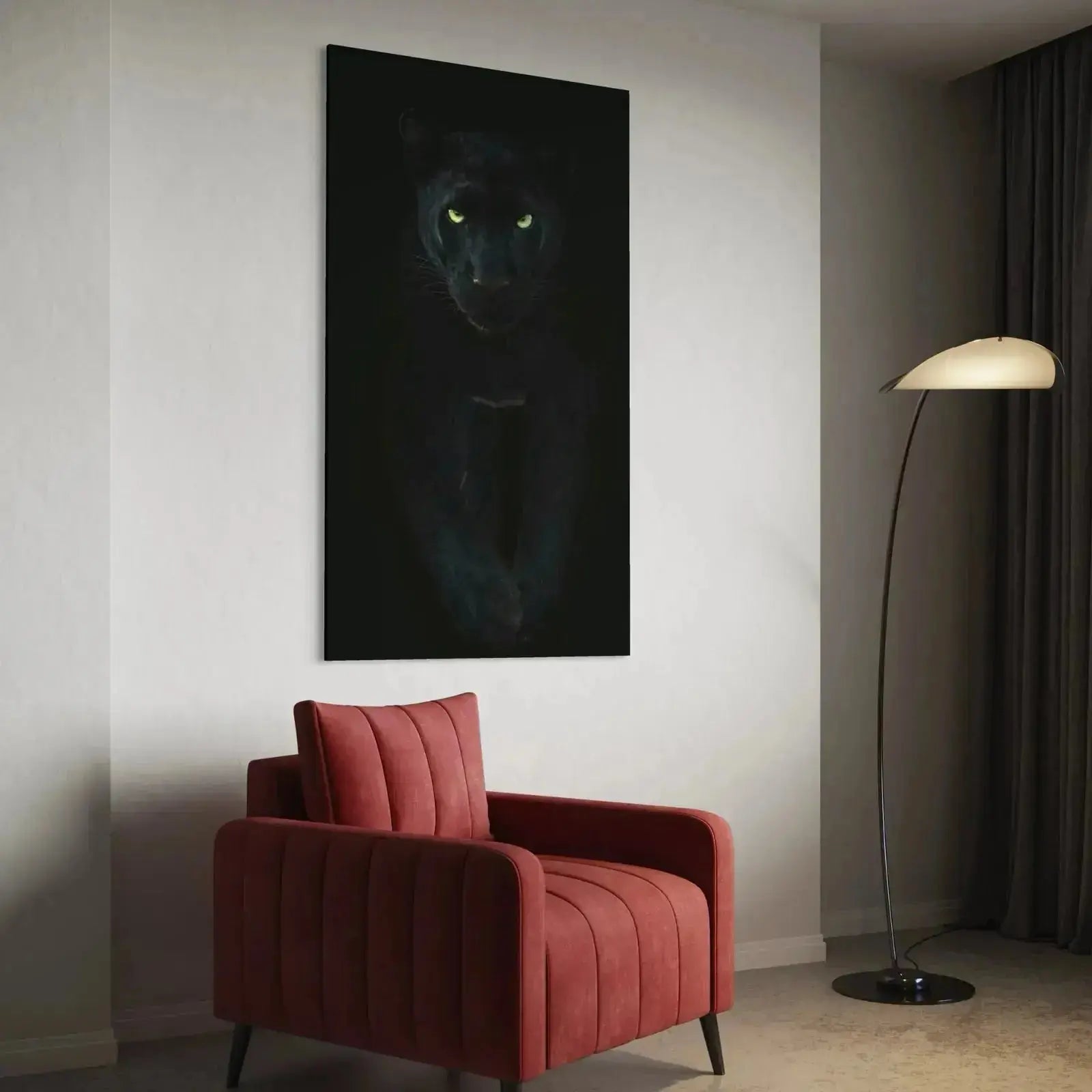 Detail shot of the subtle fur texture and highlights visible in the immersive Black panther wall art.