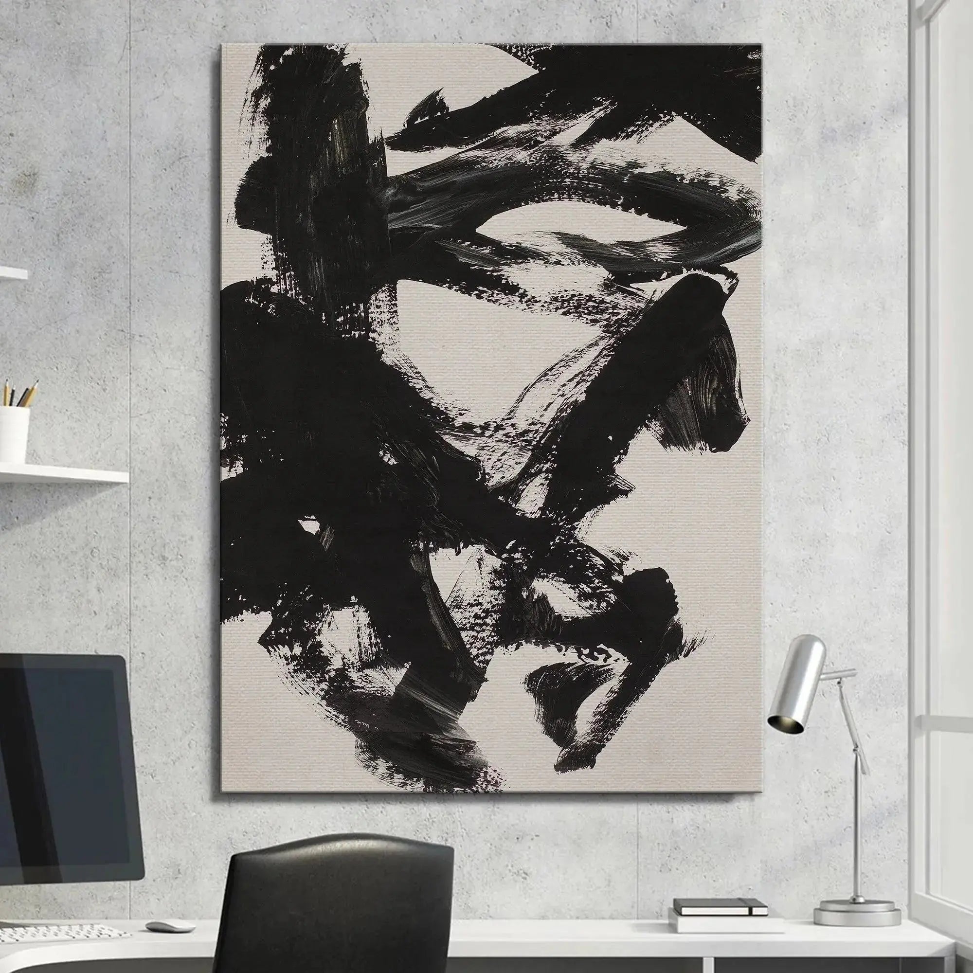 Lifestyle view of the Black Smoke print displayed over a minimalist sofa in a living room setting.