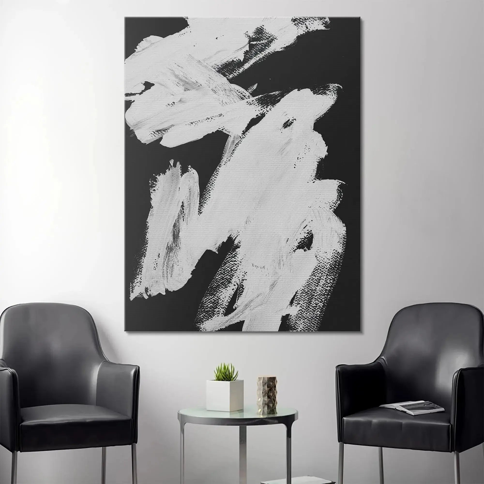 Corner angle showing the deep gallery wrap edge of the 'Black Stroke' canvas.