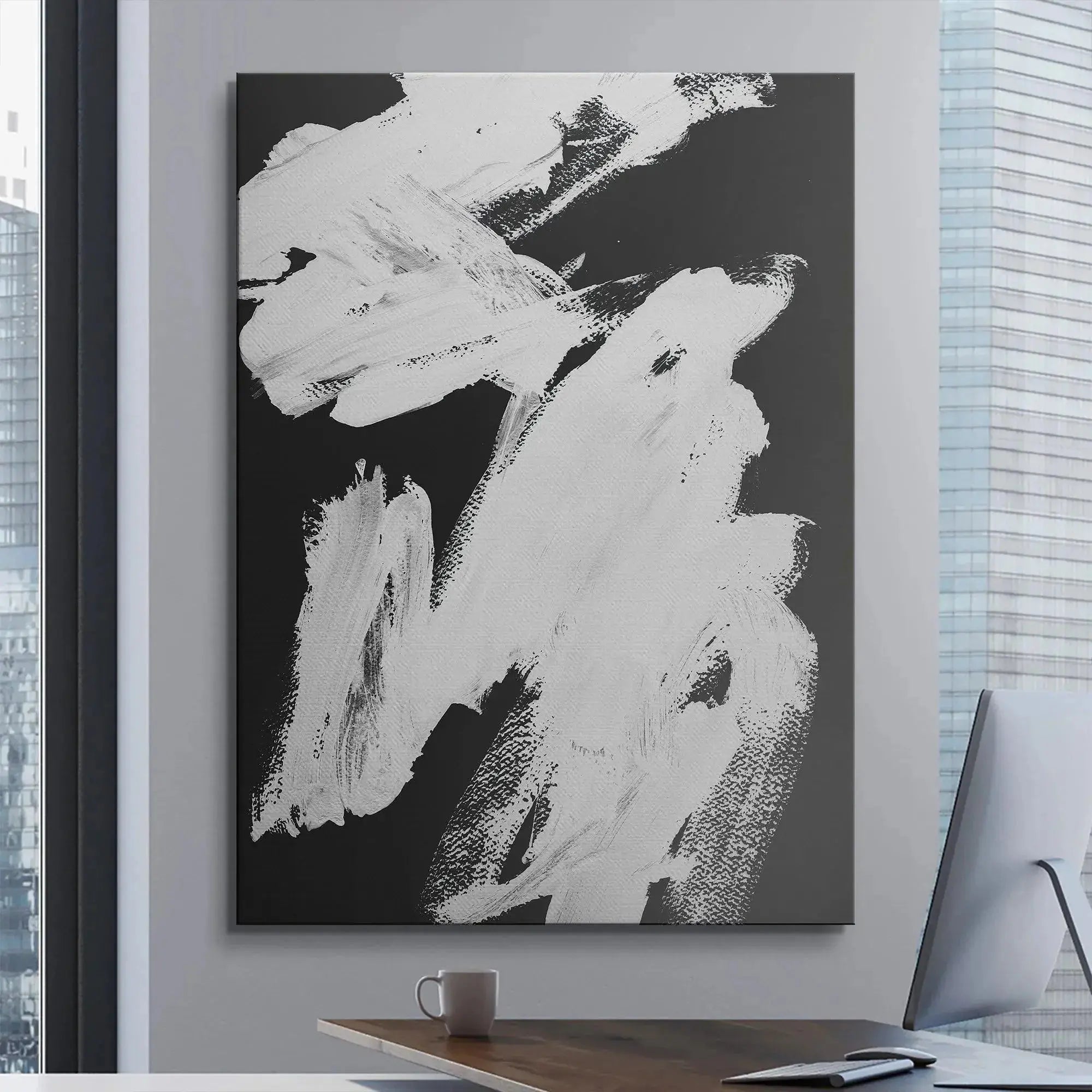 Vertical orientation of the dynamic 'Black Stroke' art, highlighting sweeping gestures.