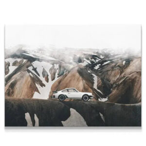 Blend In Wall Art Epic mountain landscape featuring classic white sports car, designed to 'Blend In' with the rugged terrain.