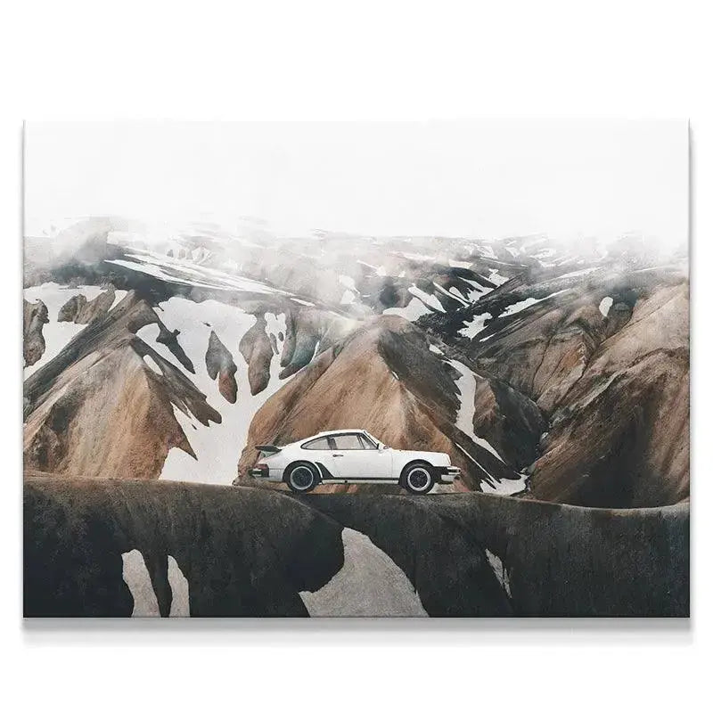 Epic mountain landscape featuring classic white sports car, designed to 'Blend In' with the rugged terrain.