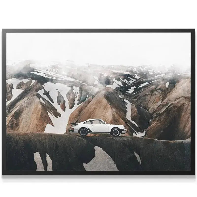 Detail close-up of volcanic ash and snow texture surrounding the vehicle in the 'Blend In' art print.