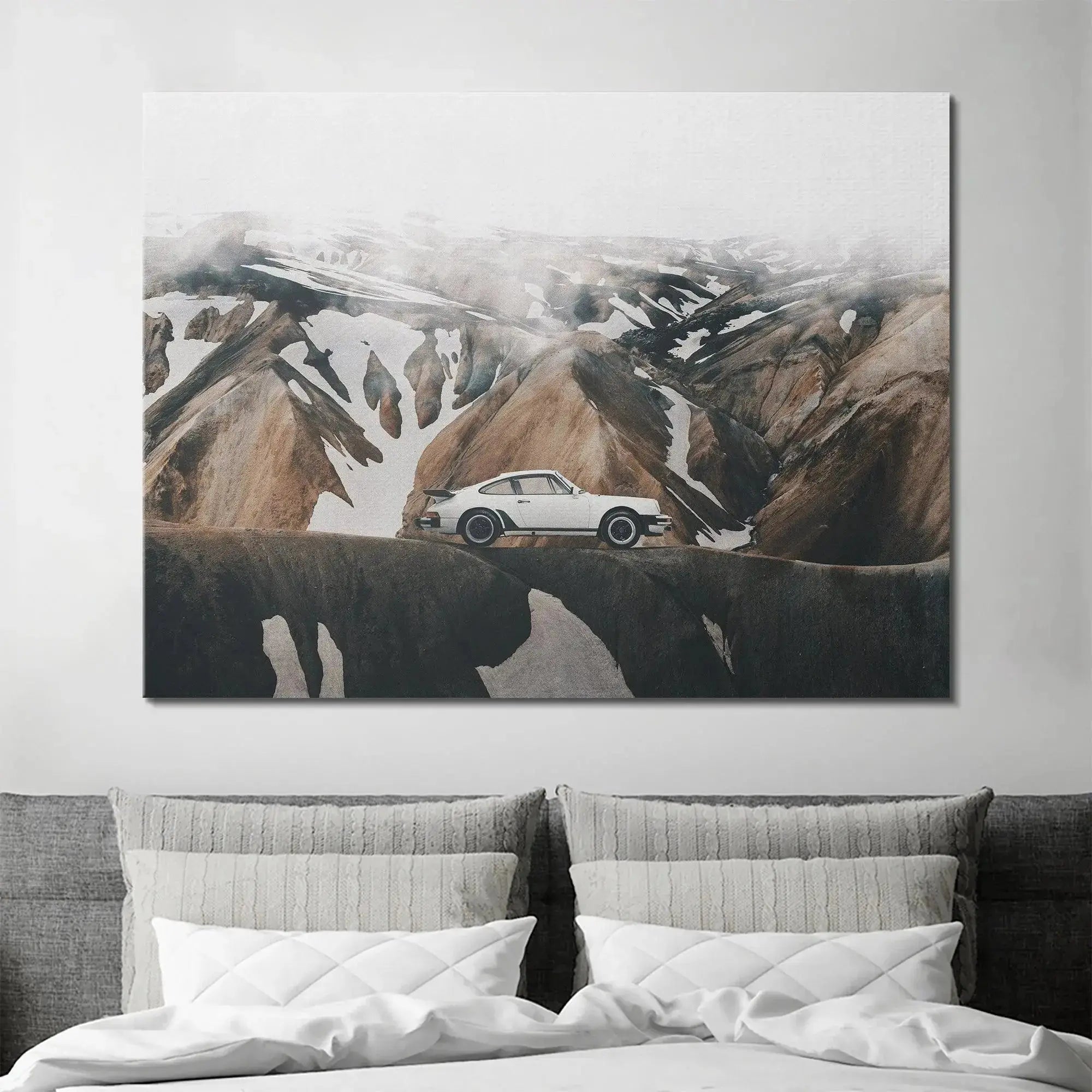 Atmospheric depiction of fog and high altitude captured in the majestic 'Blend In' mountain scenery print.