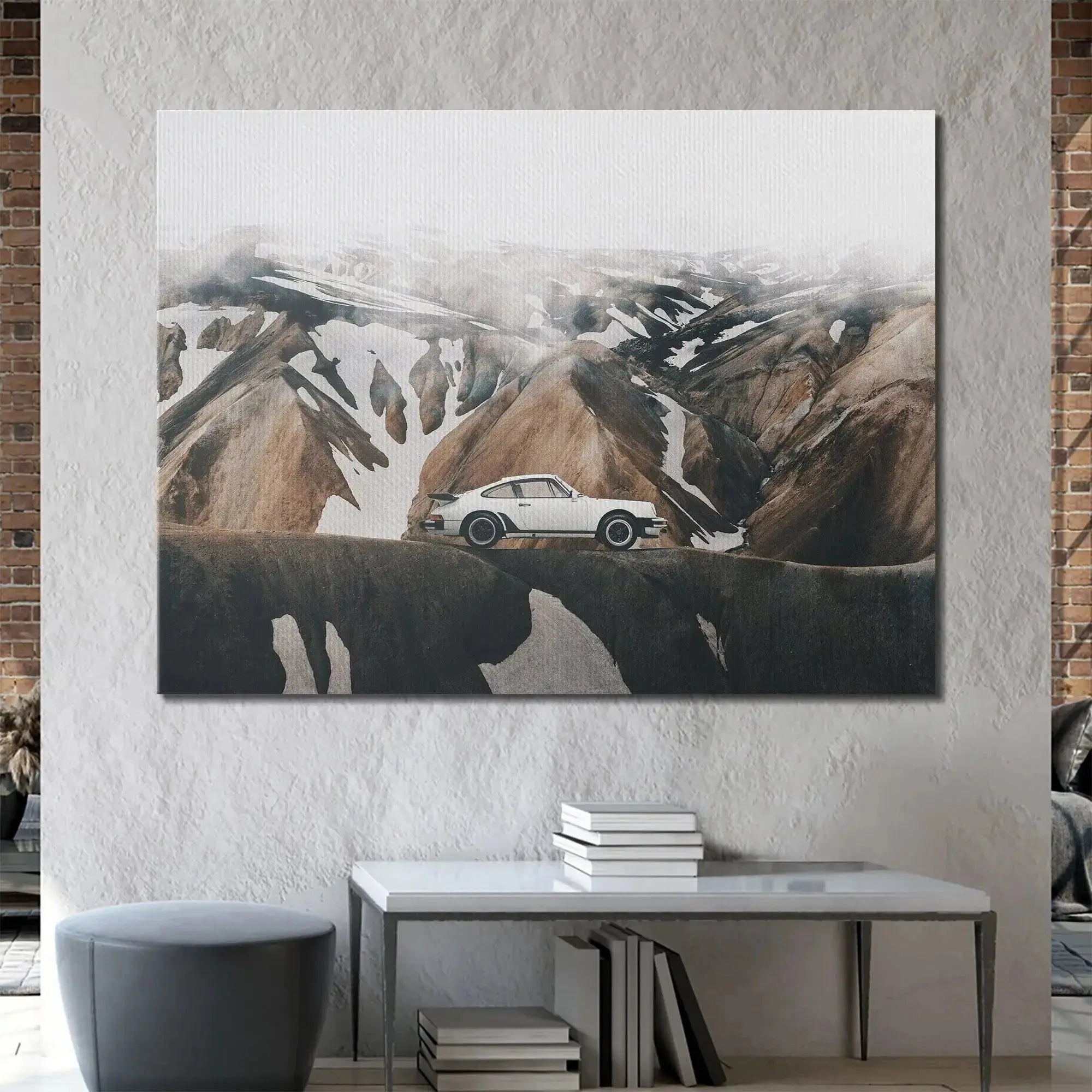 High contrast image showing the bright white automobile against the dark earth tones in the 'Blend In' composition.