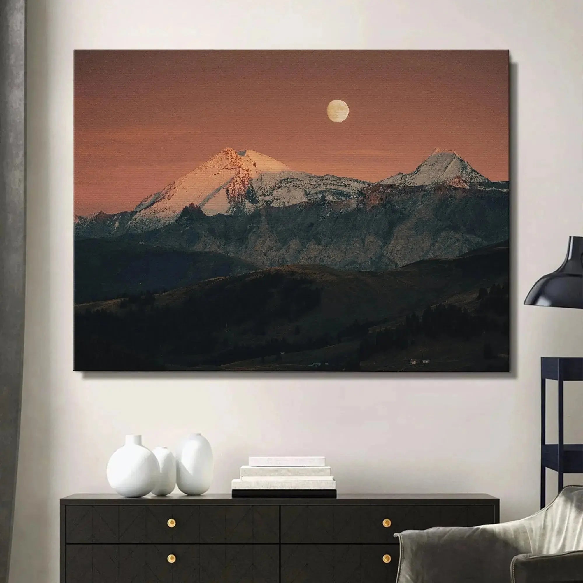 Detailed canvas texture capturing the snow highlights of the peaks beneath the Blood Moon