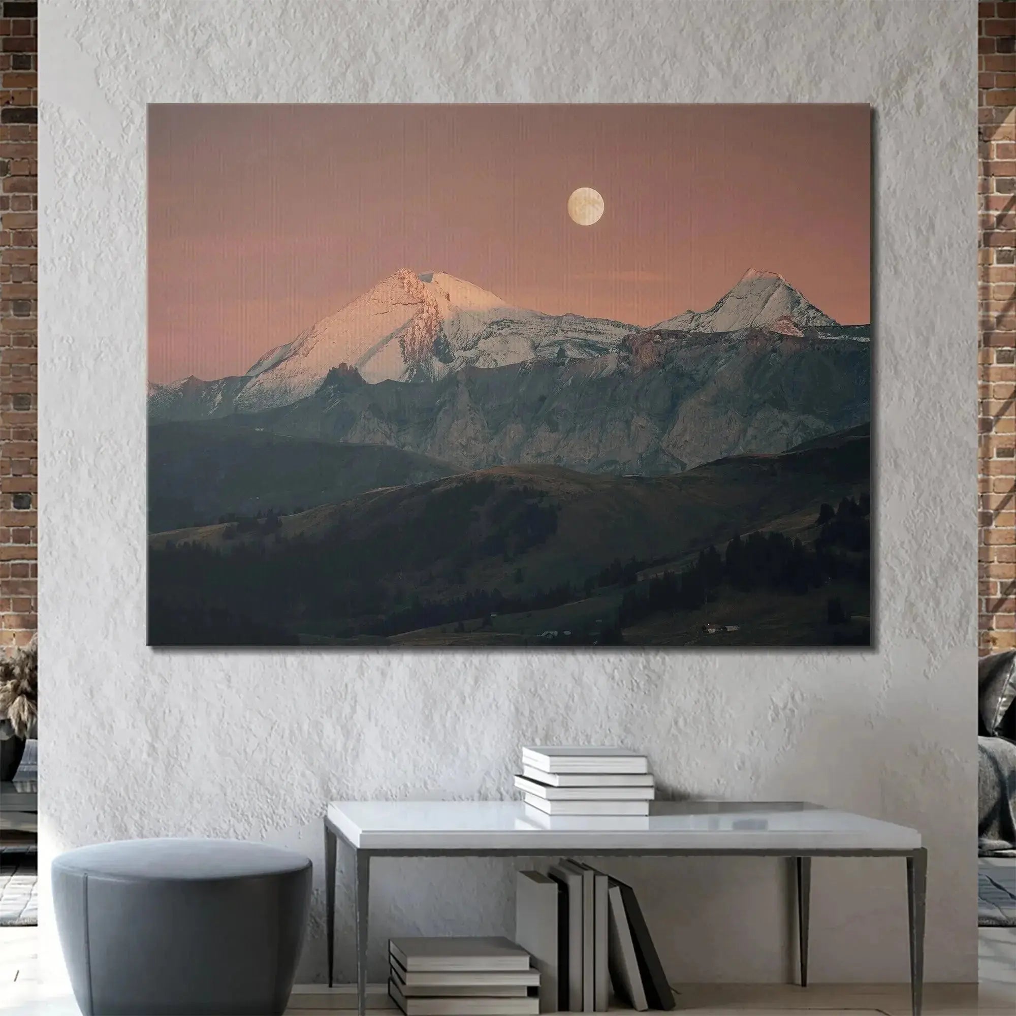 Wide-angle landscape of the vast alpine range dominated by the Blood Moon celestial display
