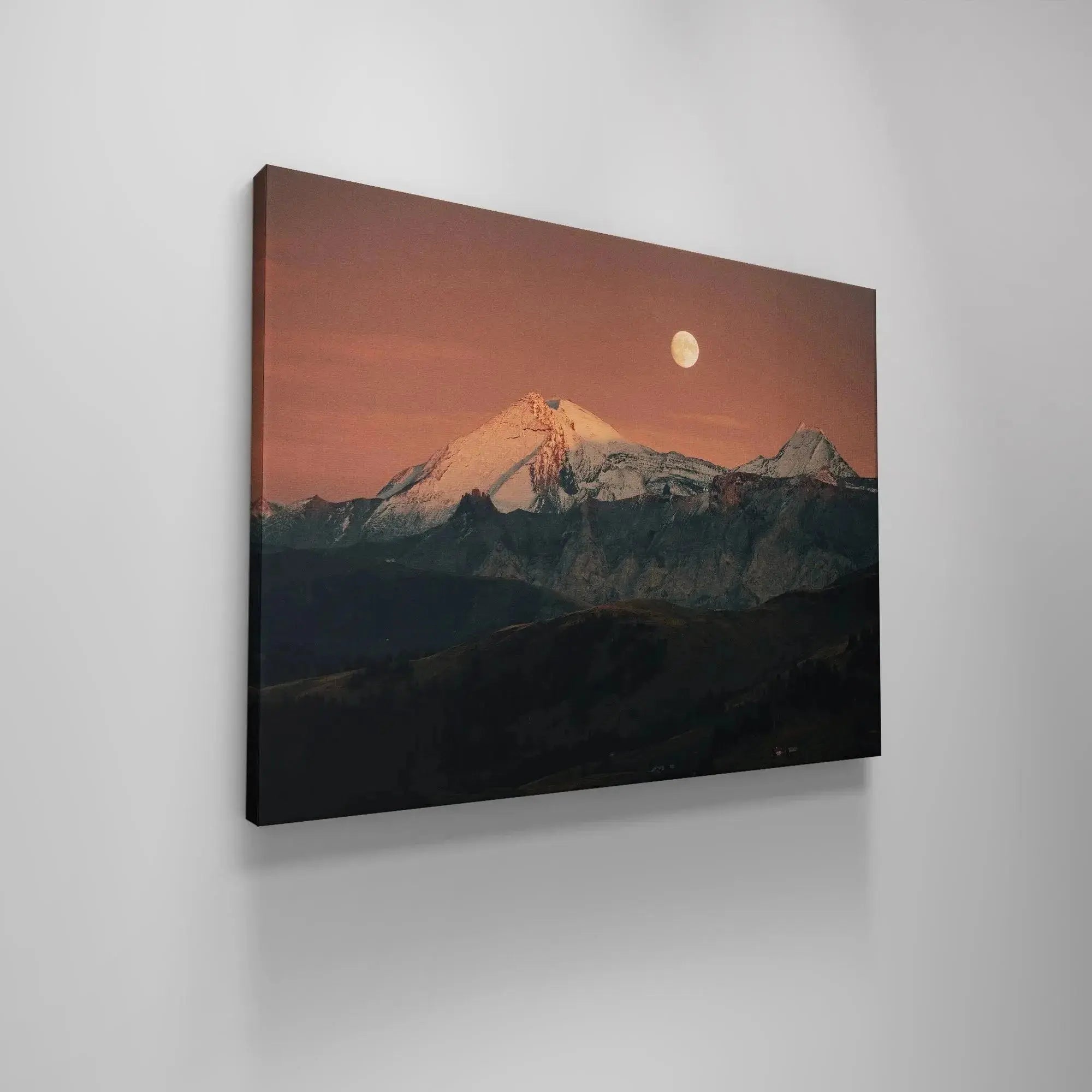 Serene yet dramatic evening setting featuring the majestic Blood Moon above the mountains