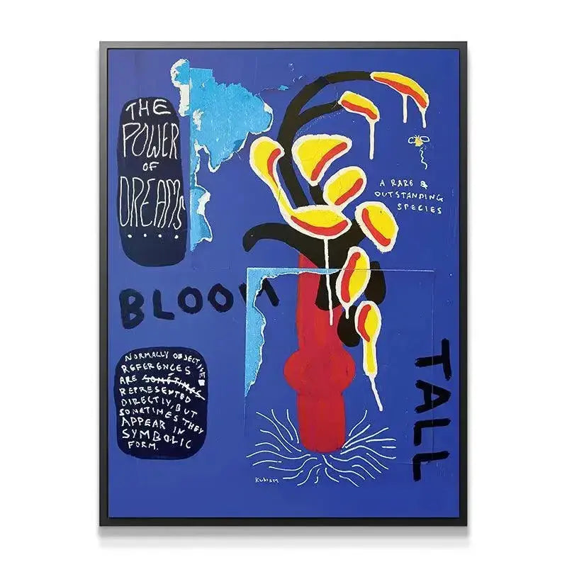 Full view of the striking cobalt blue background dominating the 'Bloom Tall' canvas.