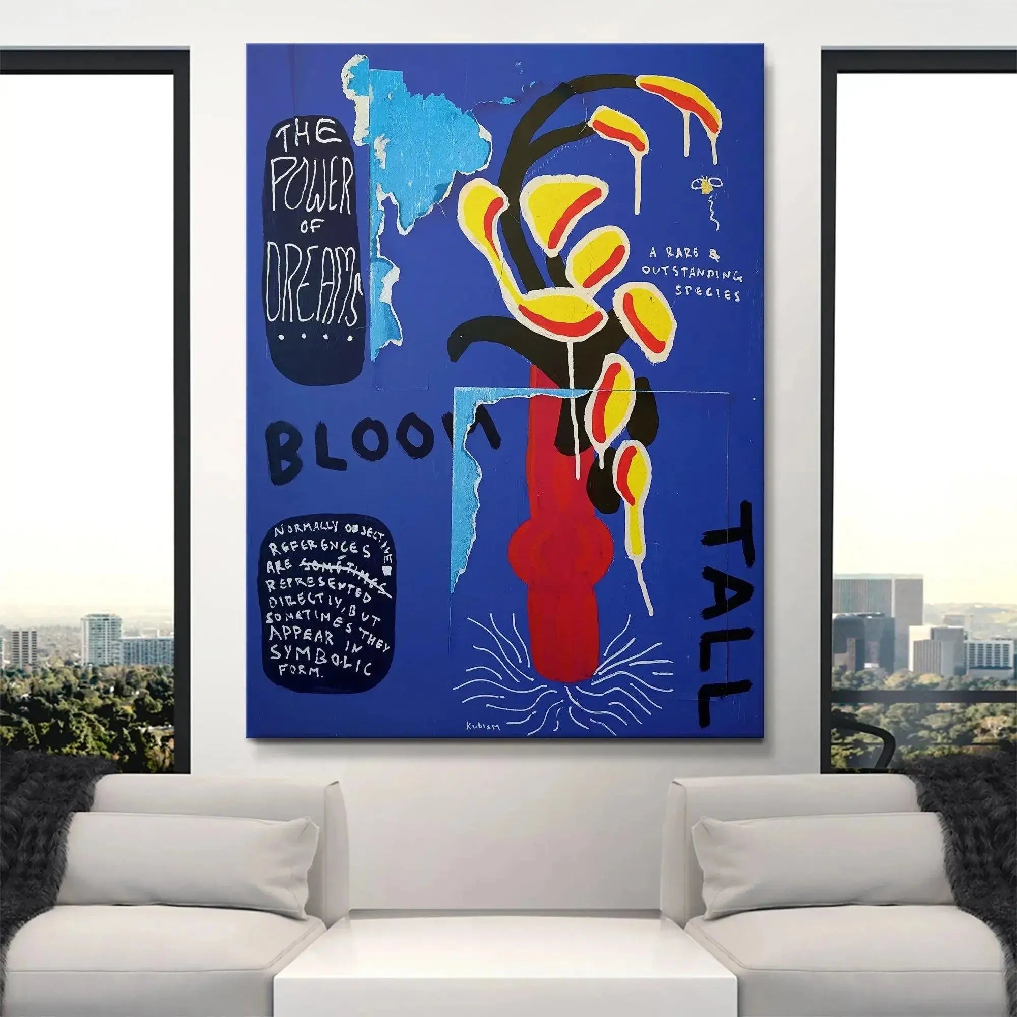 Texture shot highlighting the layered text and collage elements in the original 'Bloom Tall' artwork.