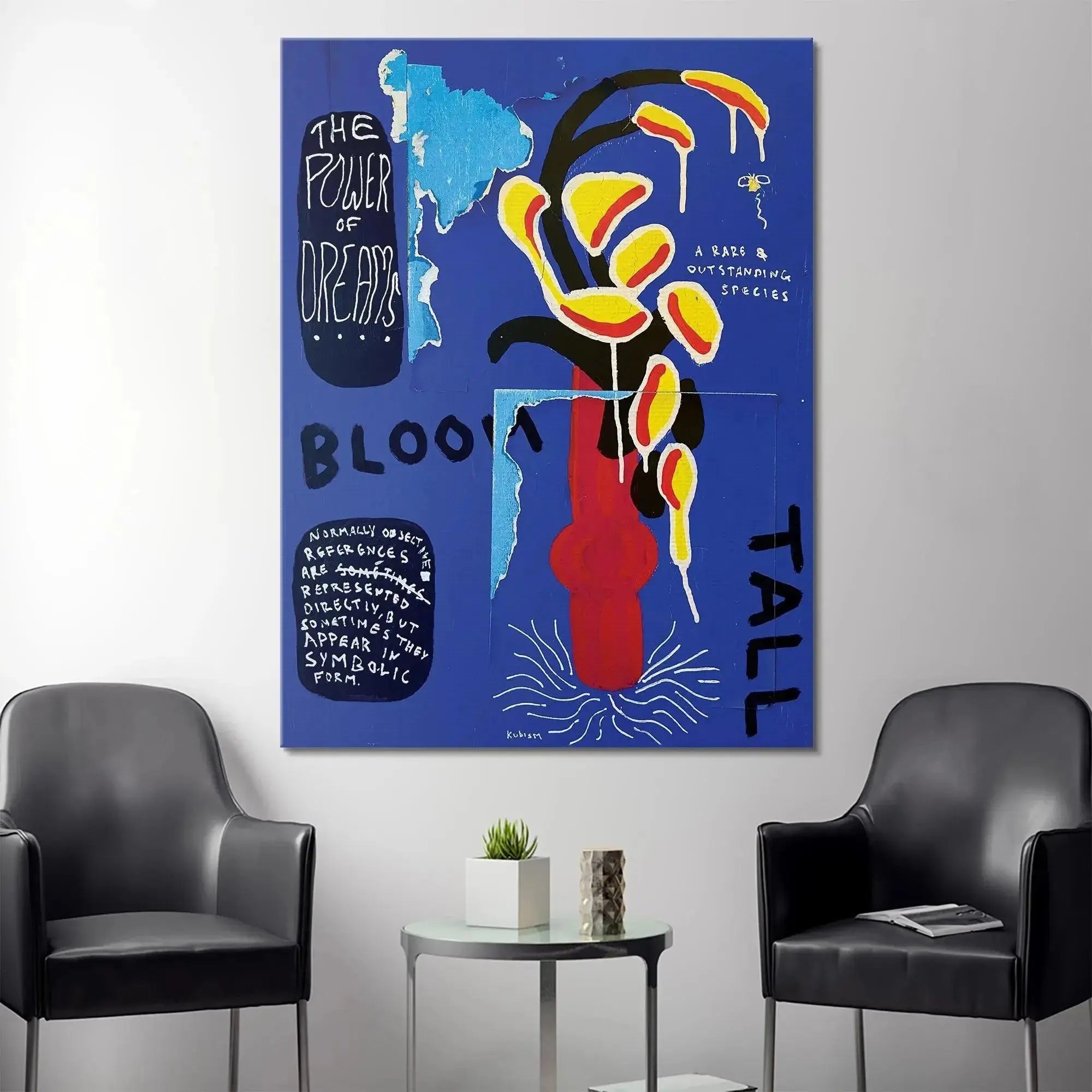Angled view capturing the thick brushstrokes and red vase motif of 'Bloom Tall' print.