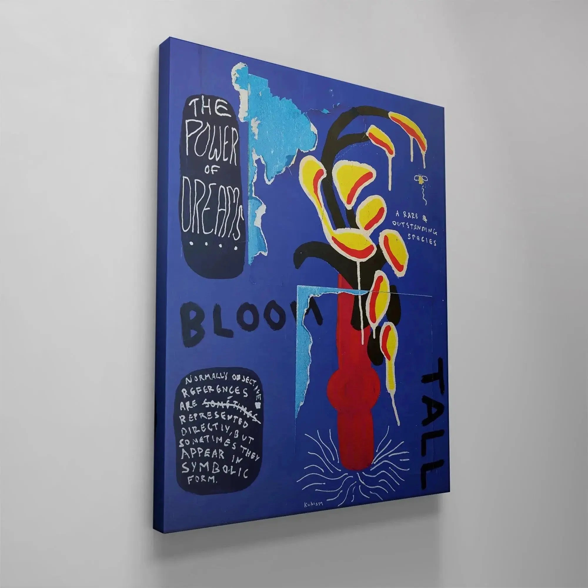Detail focusing on the handwritten text, "THE POWER OF DREAMS," integrated into 'Bloom Tall'.