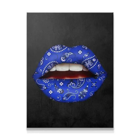 High-resolution close-up showing the intricate paisley texture and detailed stitching of the Blue Bandana Lips canvas art.