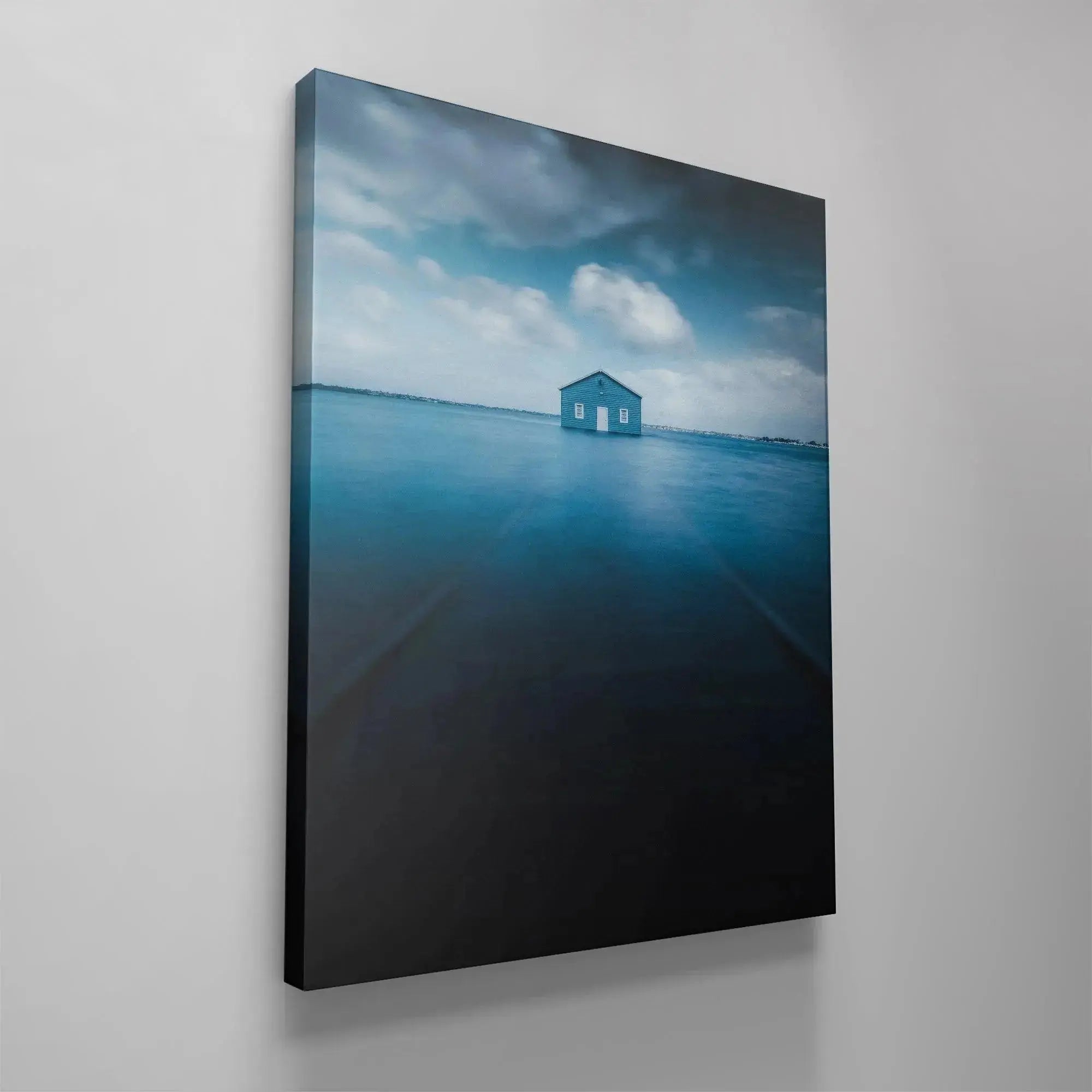 Lifestyle shot suggestion: the serene Blue Boat House artwork framed in a modern white living room.