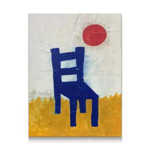 Full frontal view of the abstract Blue Chair painting, featuring the geometric red sun.