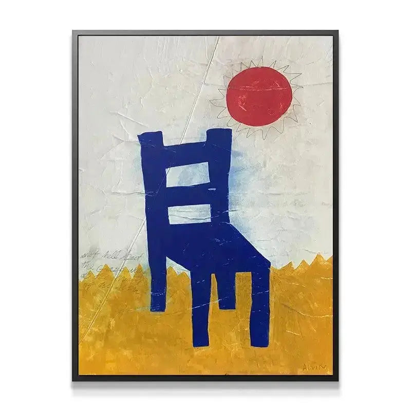 Close-up detail showing the crinkled paper texture behind the solid Blue Chair silhouette.
