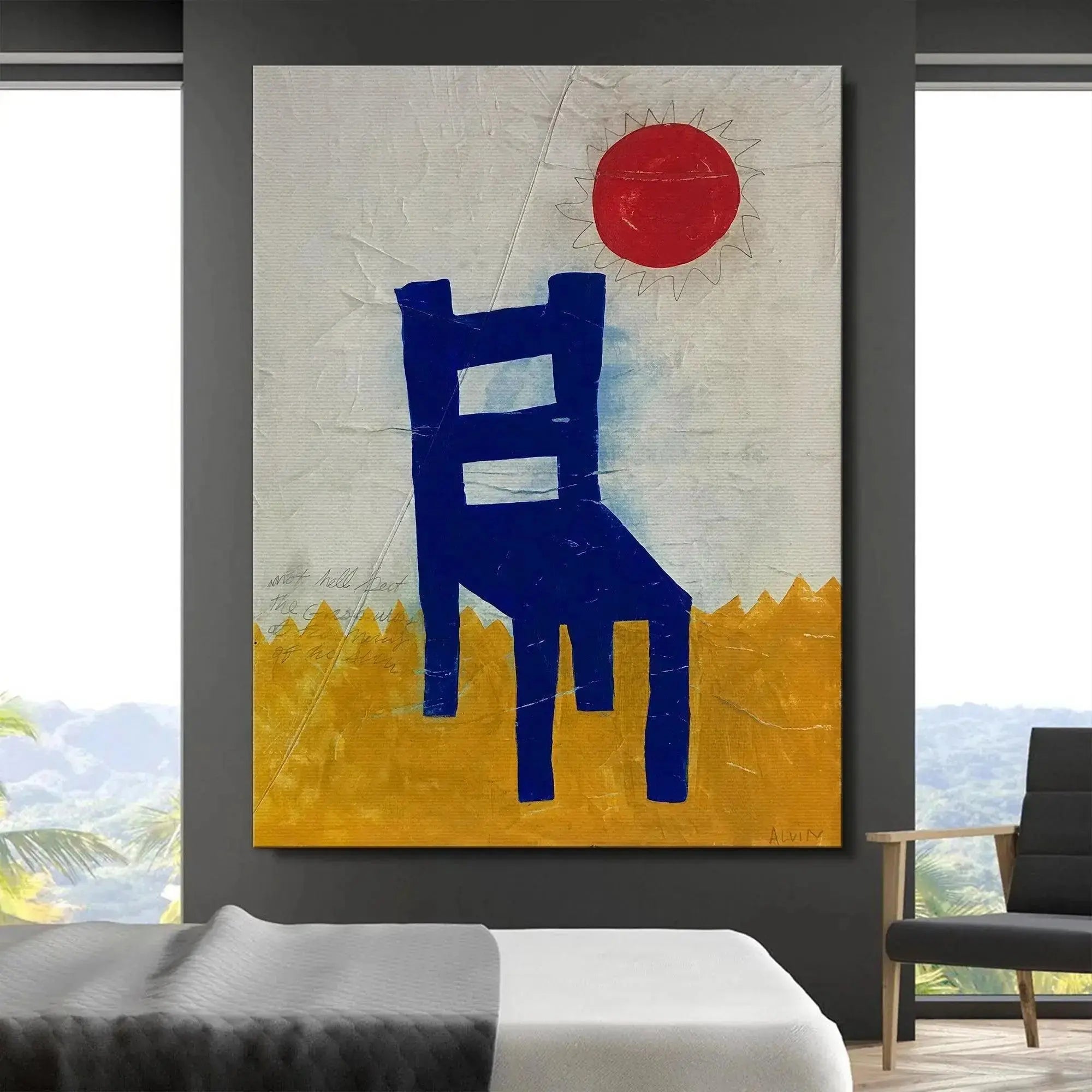 Studio shot displaying the scale and vibrant primary colors of the original Blue Chair artwork.