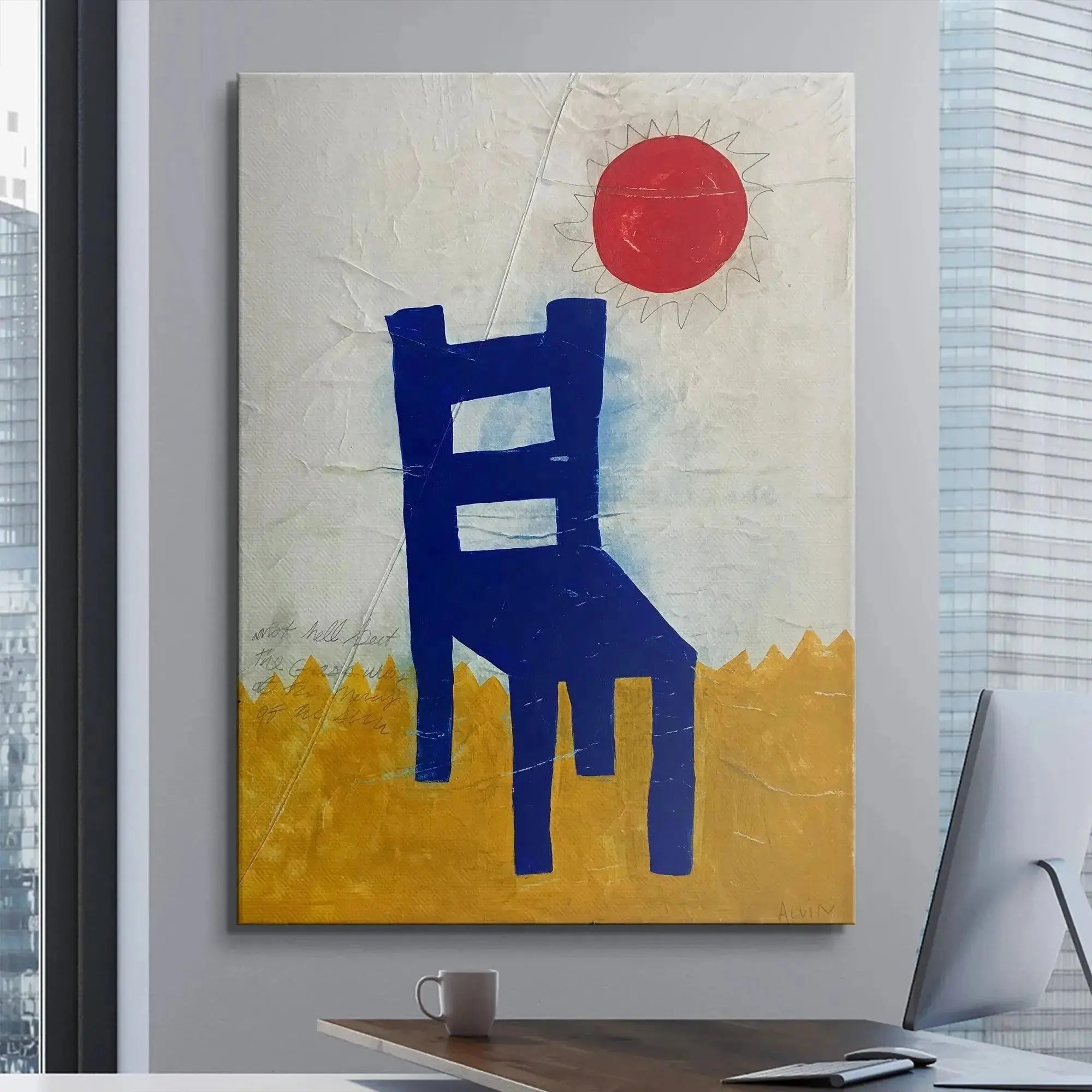 Texture detail of the mustard yellow base beneath the iconic dark Blue Chair.
