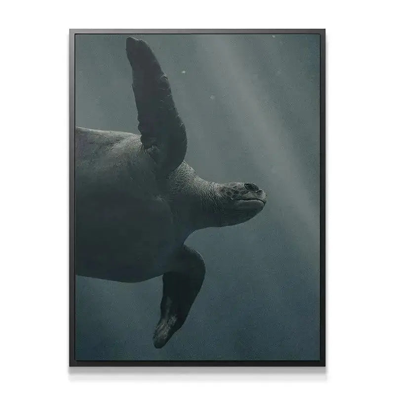 Ethereal lighting shafts breaking through the dark water above the majestic Blue Creatures print.
