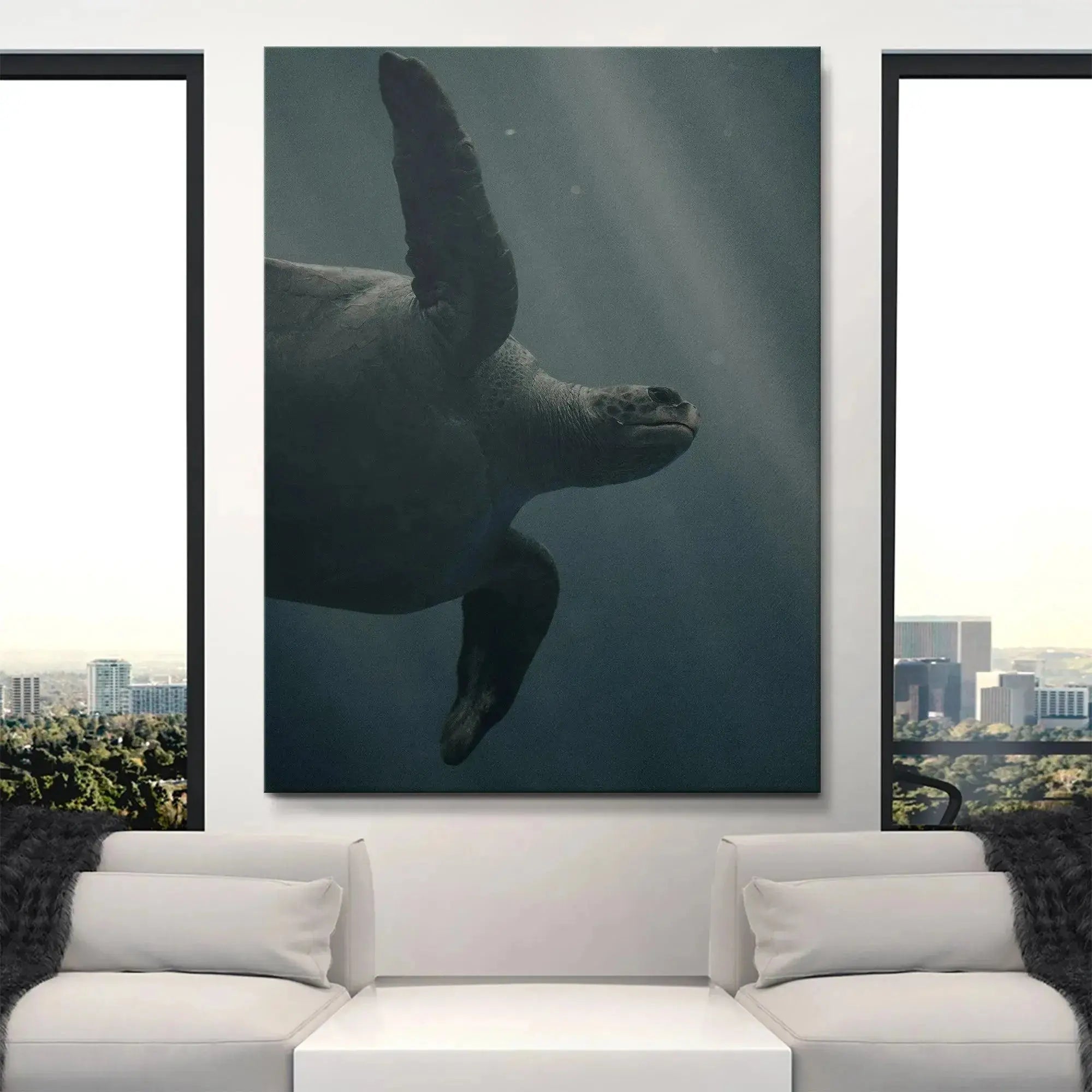 Moody, deep underwater scene featuring the silhouette of one of the Blue Creatures.