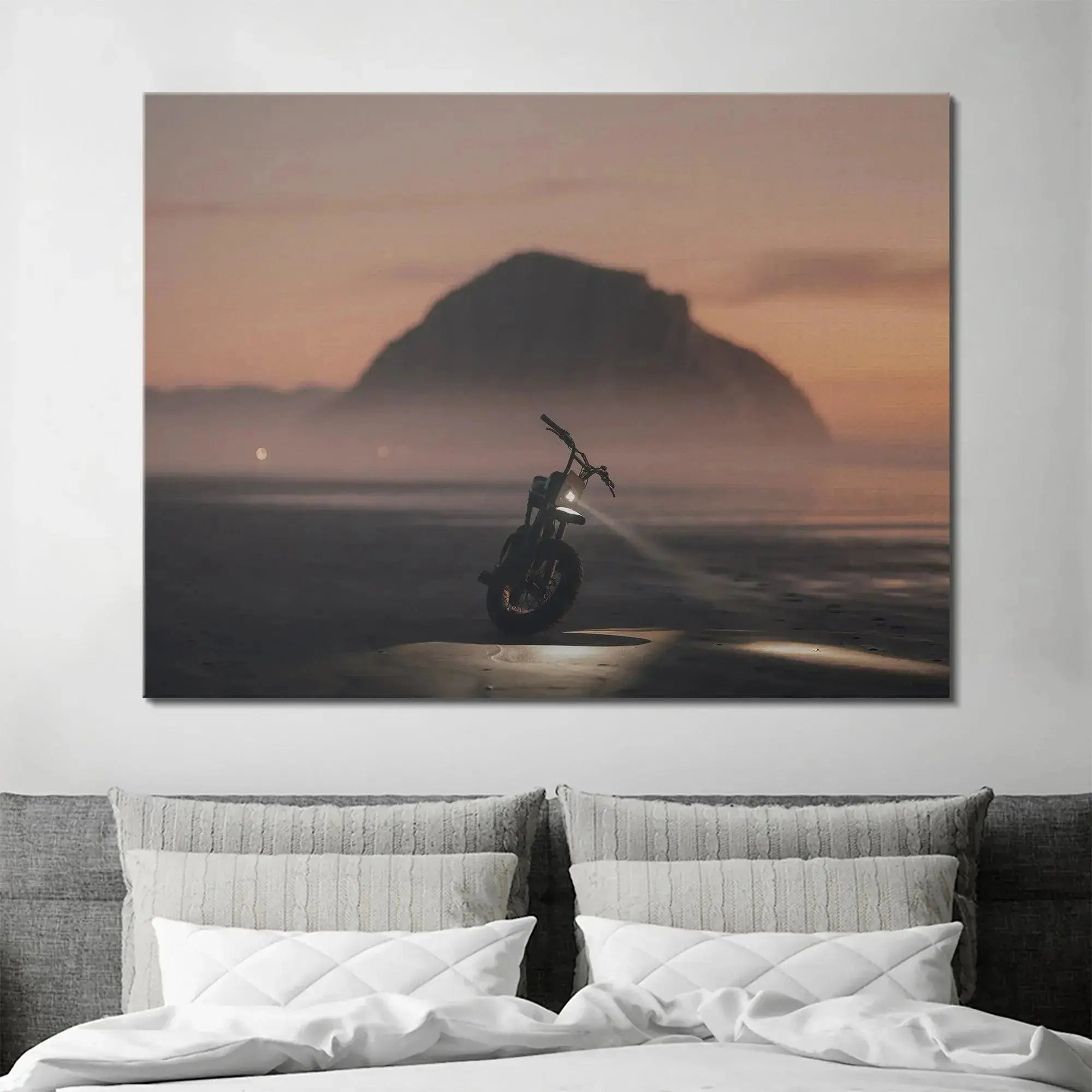 Side view of the retro-style motorbike parked on the wet sand in the Blue Hour Morro scene.