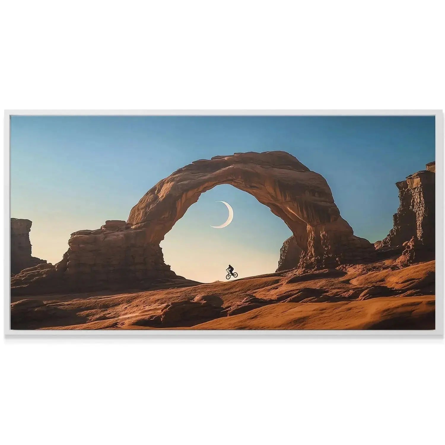 High-contrast view of the crescent moon framed perfectly within the sandstone arch, featuring BMX -1.