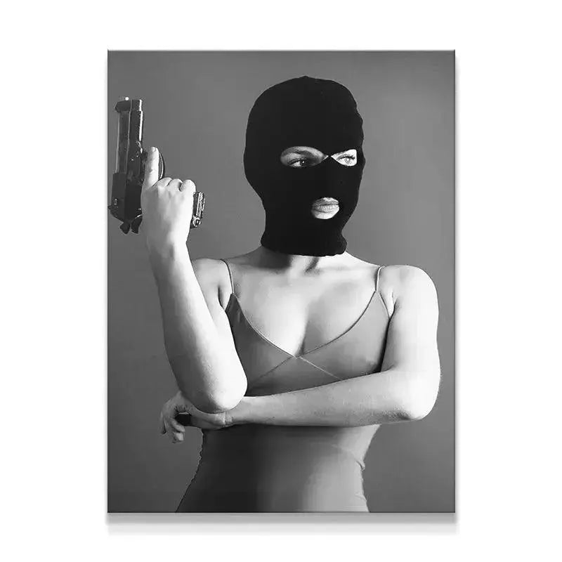 Close-up portrait of the masked woman holding the handgun, conceptual BNE art print.