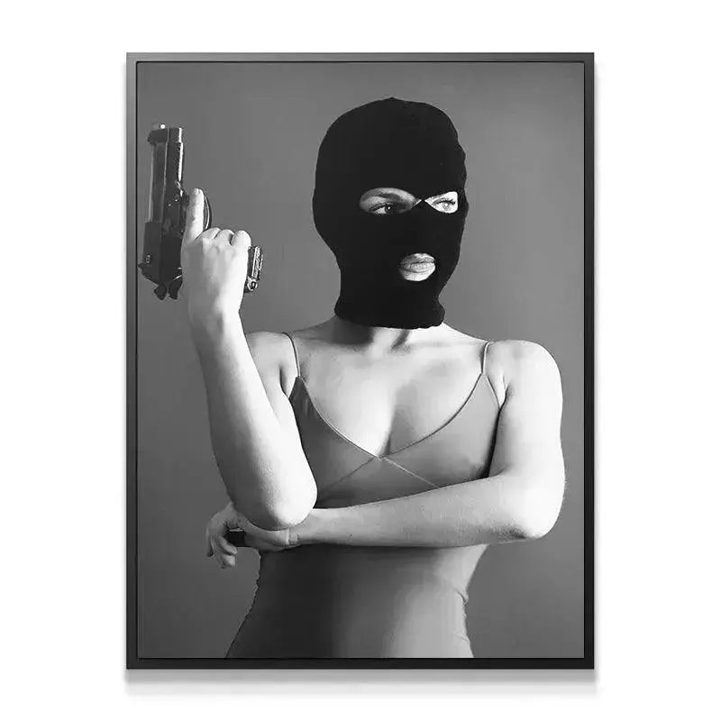 Full-frame view of the BNE photograph showing the contrast between the knit mask and the soft dress fabric.