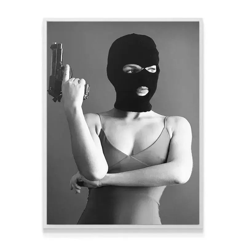 Monochromatic, edgy lifestyle shot of the BNE print displayed in a modern gallery setting.