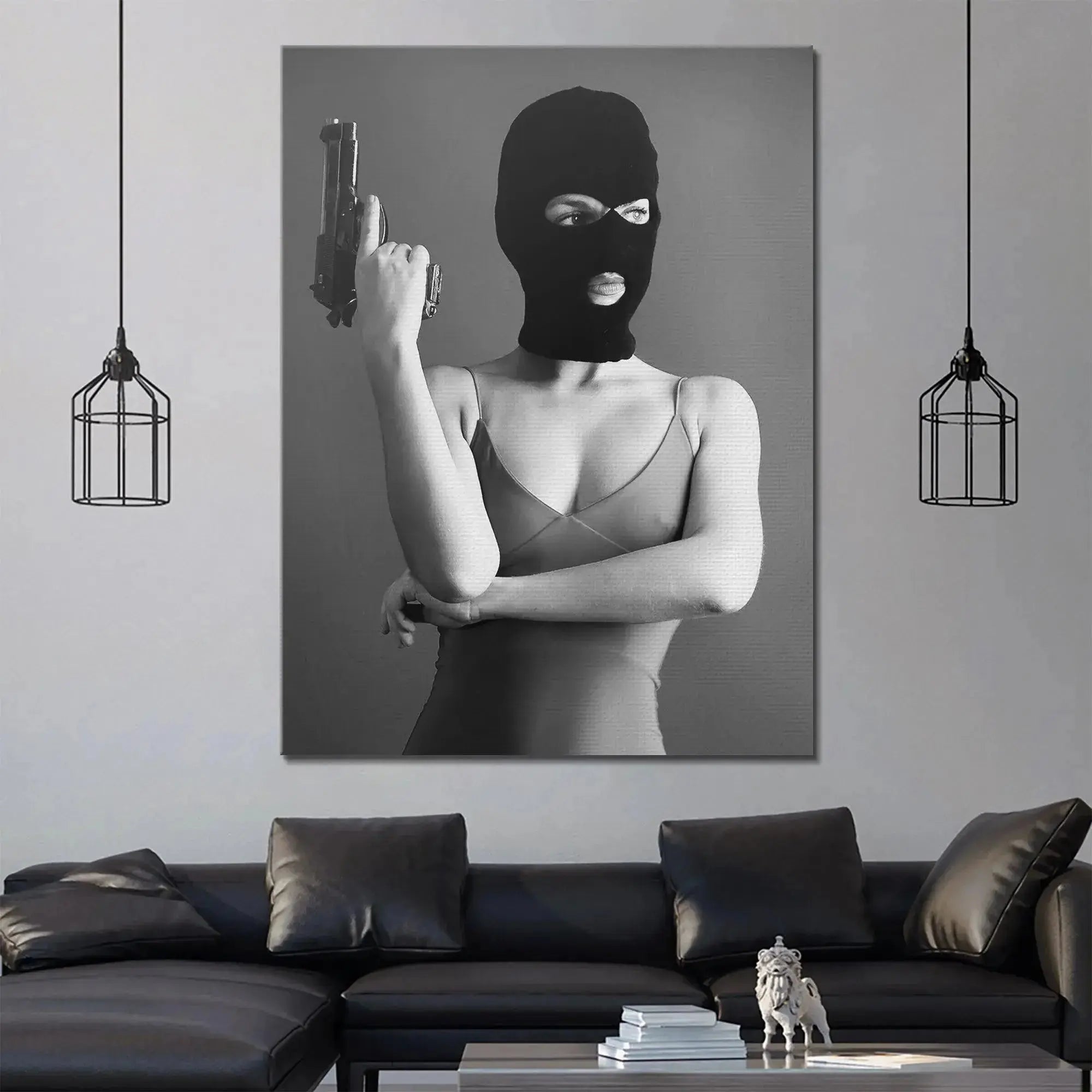 Detailed capture of the firearm being held by the subject in the provocative BNE artwork.