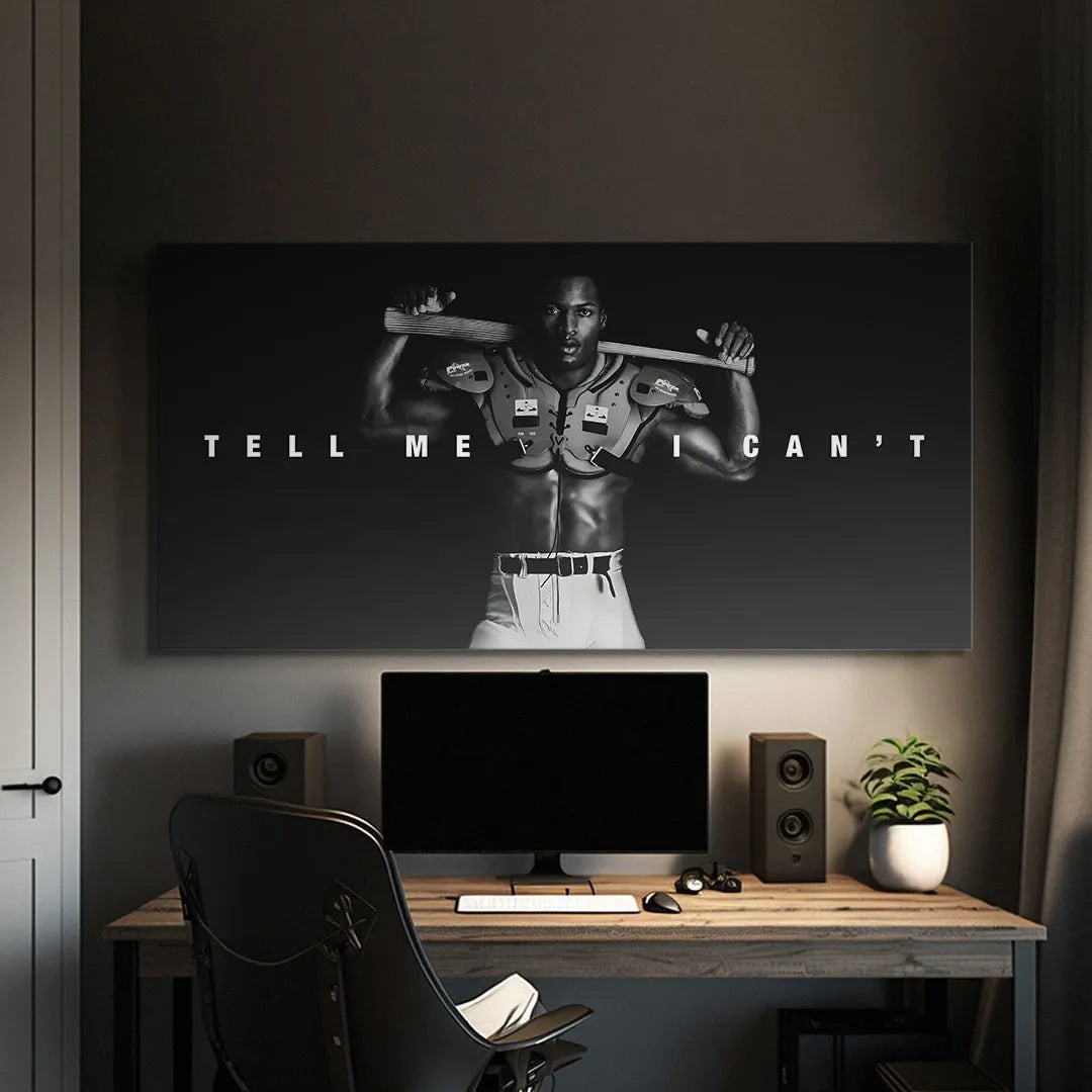 Detail shot focusing on the football shoulder pads and baseball bat placement in the 'Bo Jackson - Tell Me I Can't' image.