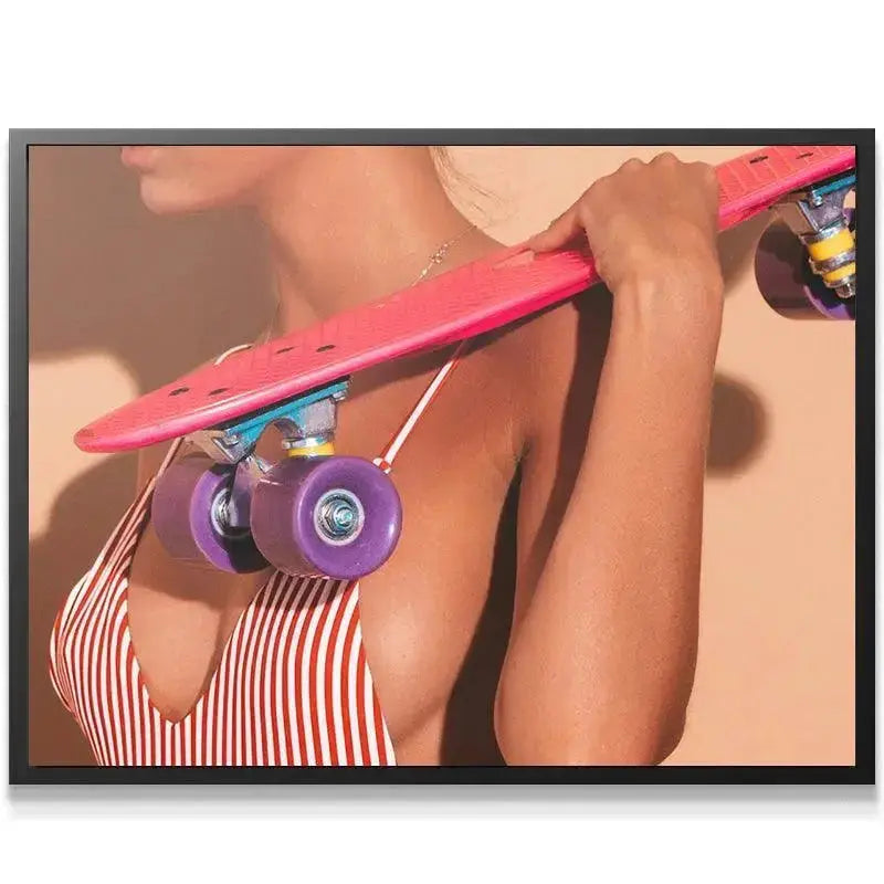 Detailed texture shot focusing on the smooth pink deck and metallic truck assembly defining 'Board Summer' freedom.