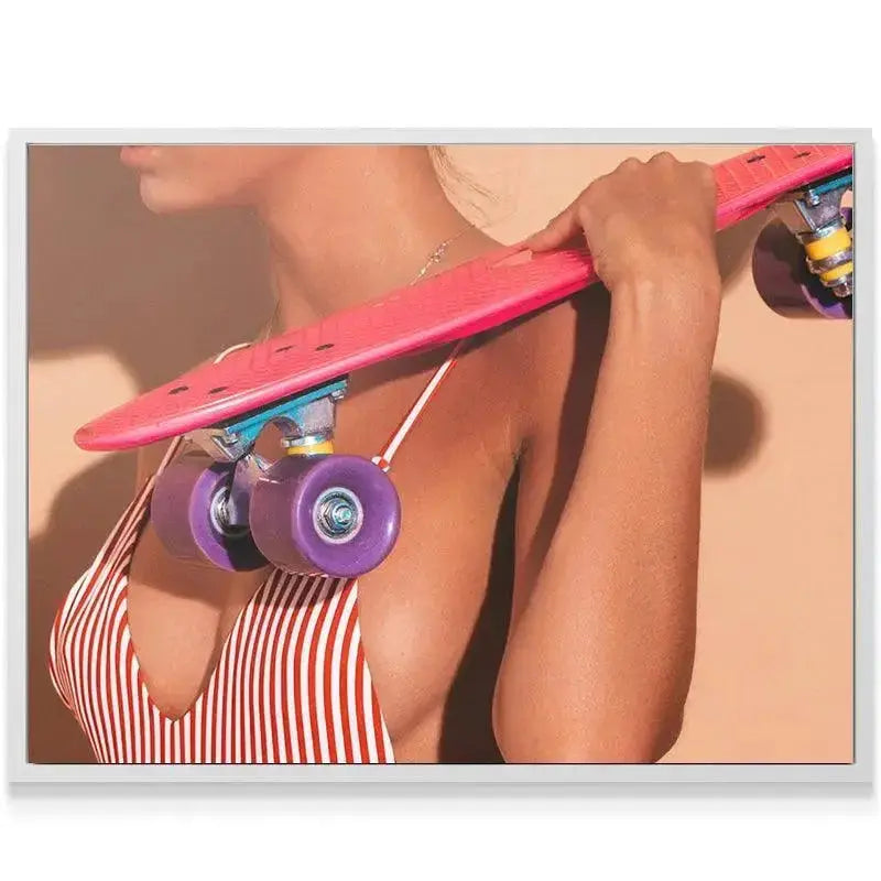 Vertical angle of the red and white striped swimsuit contrasted with the vibrant 'Board Summer' gear.