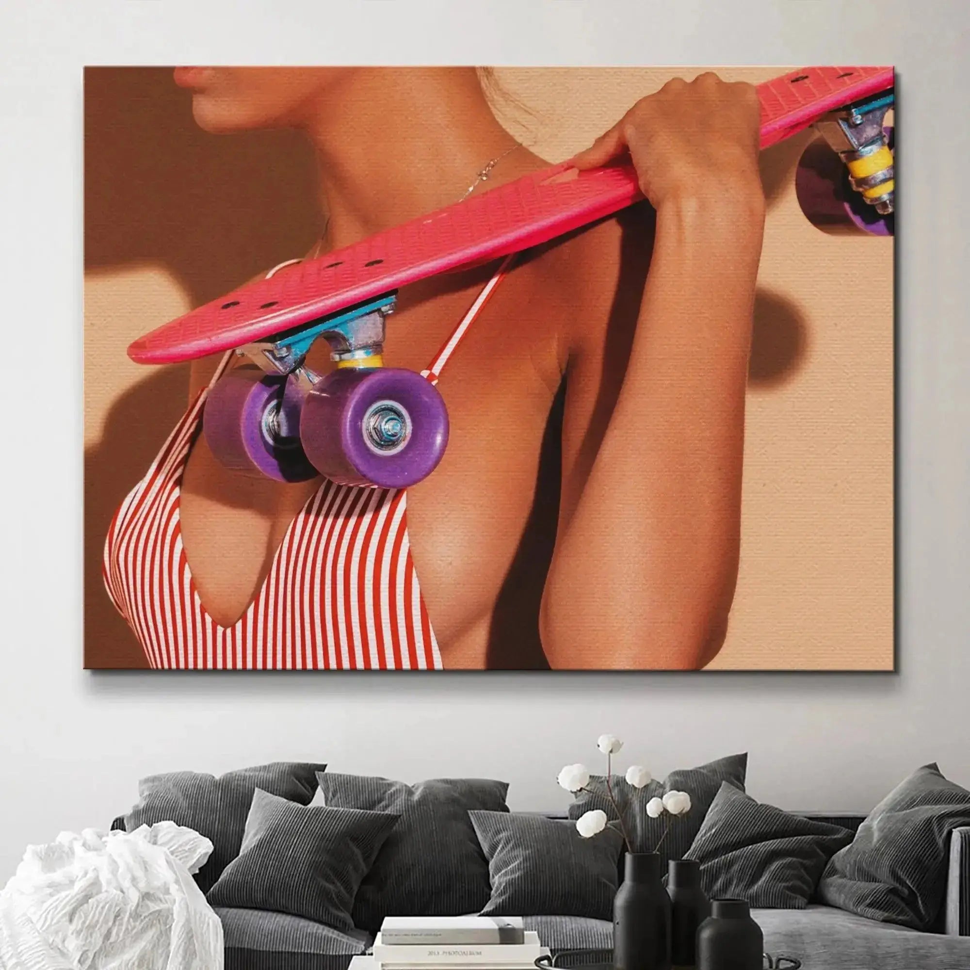 Retro inspired artwork featuring the bright purple wheels typical of the 80s 'Board Summer' skate style.