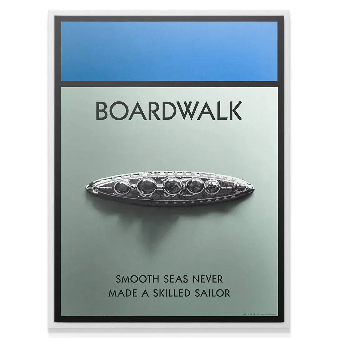 Corner shot showing the sleek black frame and the signature blue header of the Boardwalk 3D artwork.