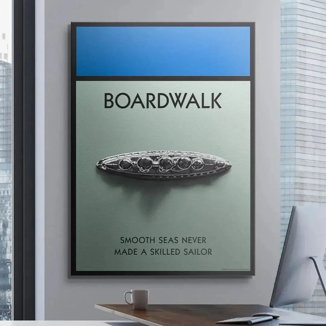 Angled studio shot emphasizing the depth and shadowing of the Battleship token on Boardwalk 3D.