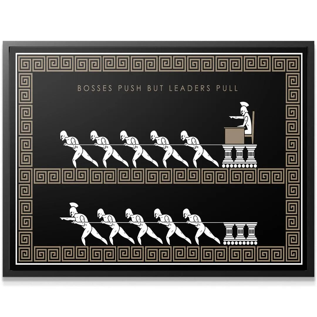 Close-up detail of the Greek key border texture surrounding the Boss vs Leader - Empire Series print.