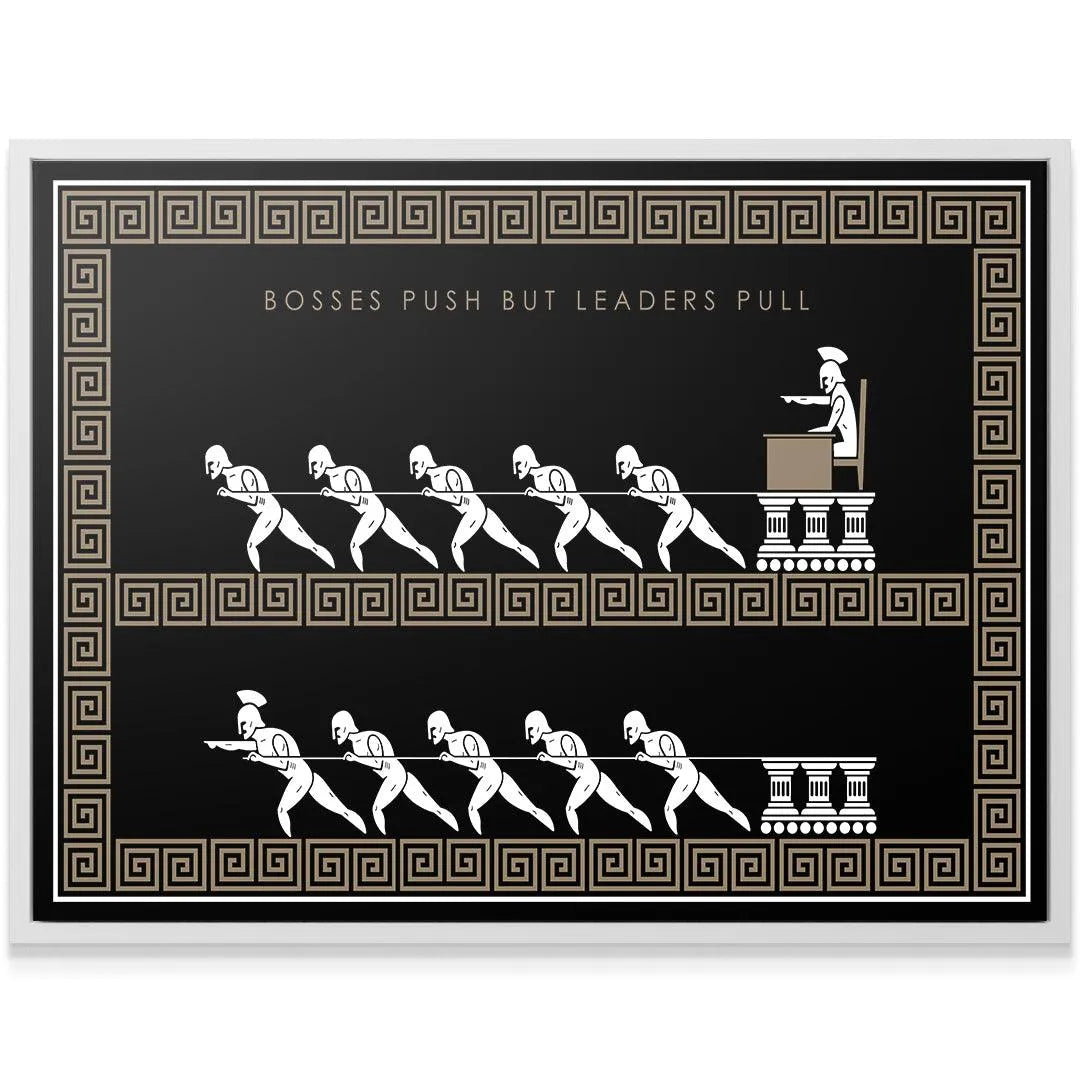 Detailed perspective of the seated 'Boss' figure on the pedestal in the Boss vs Leader - Empire Series art.
