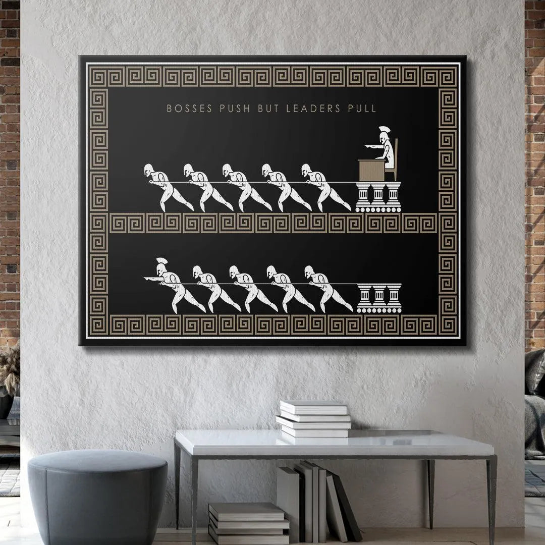 Lifestyle mockup of the inspirational Boss vs Leader - Empire Series poster displayed in a modern office environment.