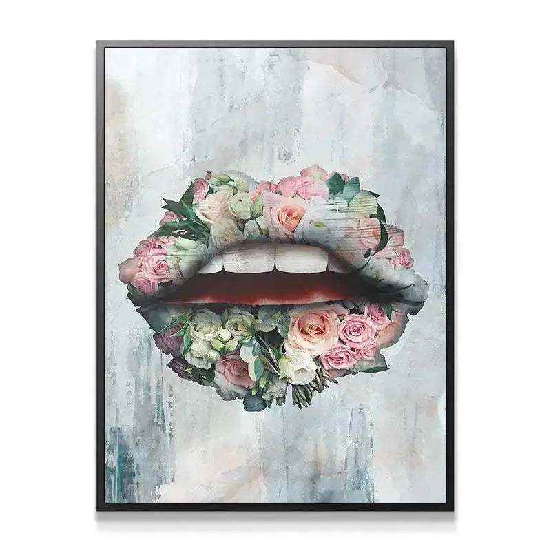 Full vertical view of the abstract 'Bouquet Lips' print on a light gray marbled background.