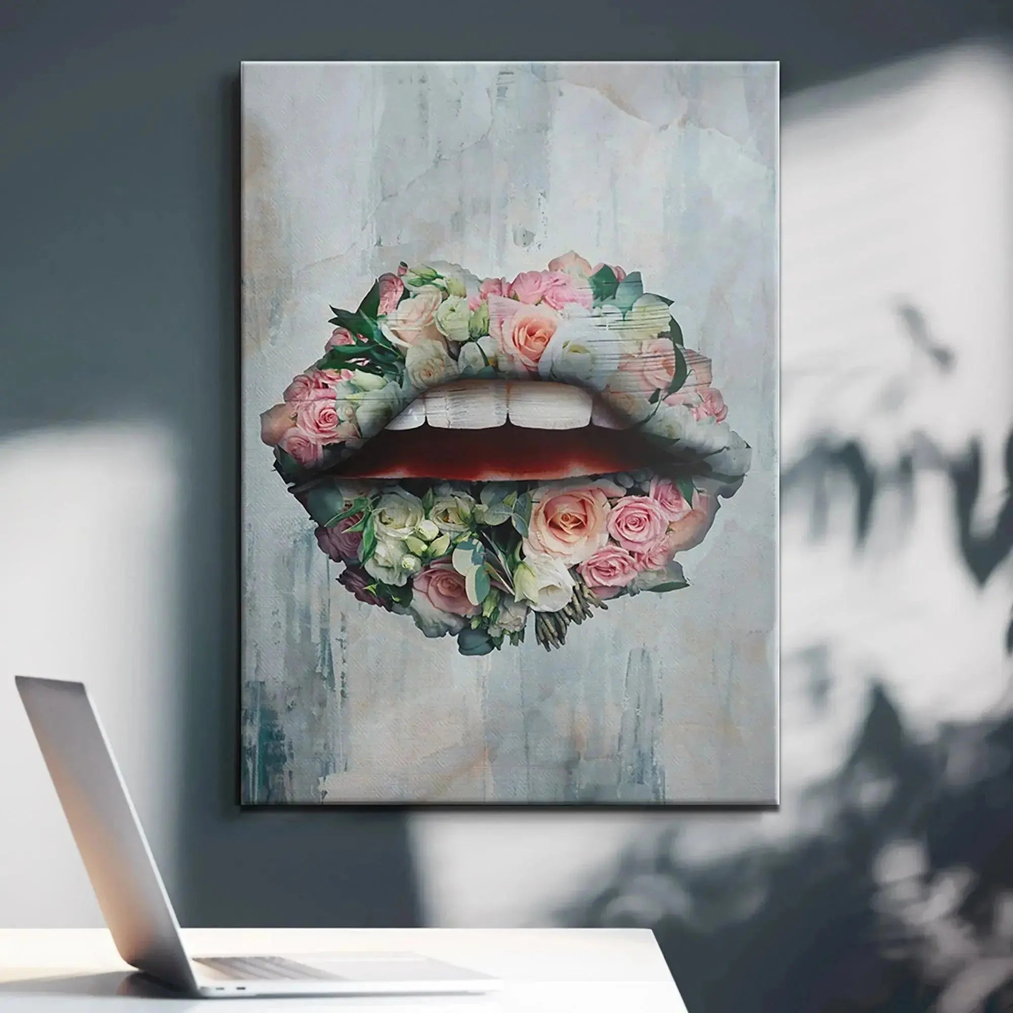 High-resolution view emphasizing the canvas texture underlying the 'Bouquet Lips' design.