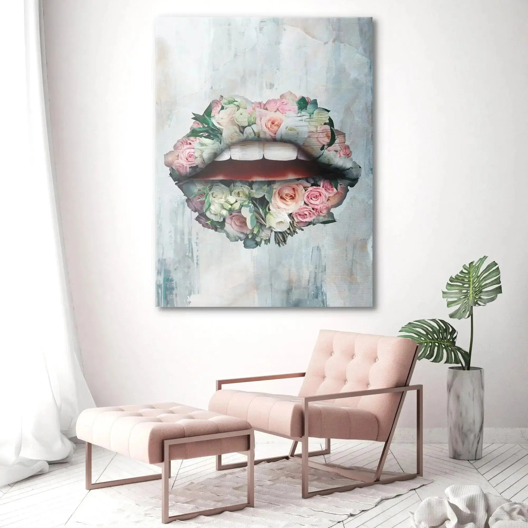The 'Bouquet Lips' artwork displayed prominently above a white minimalist sofa in a modern living room setting.