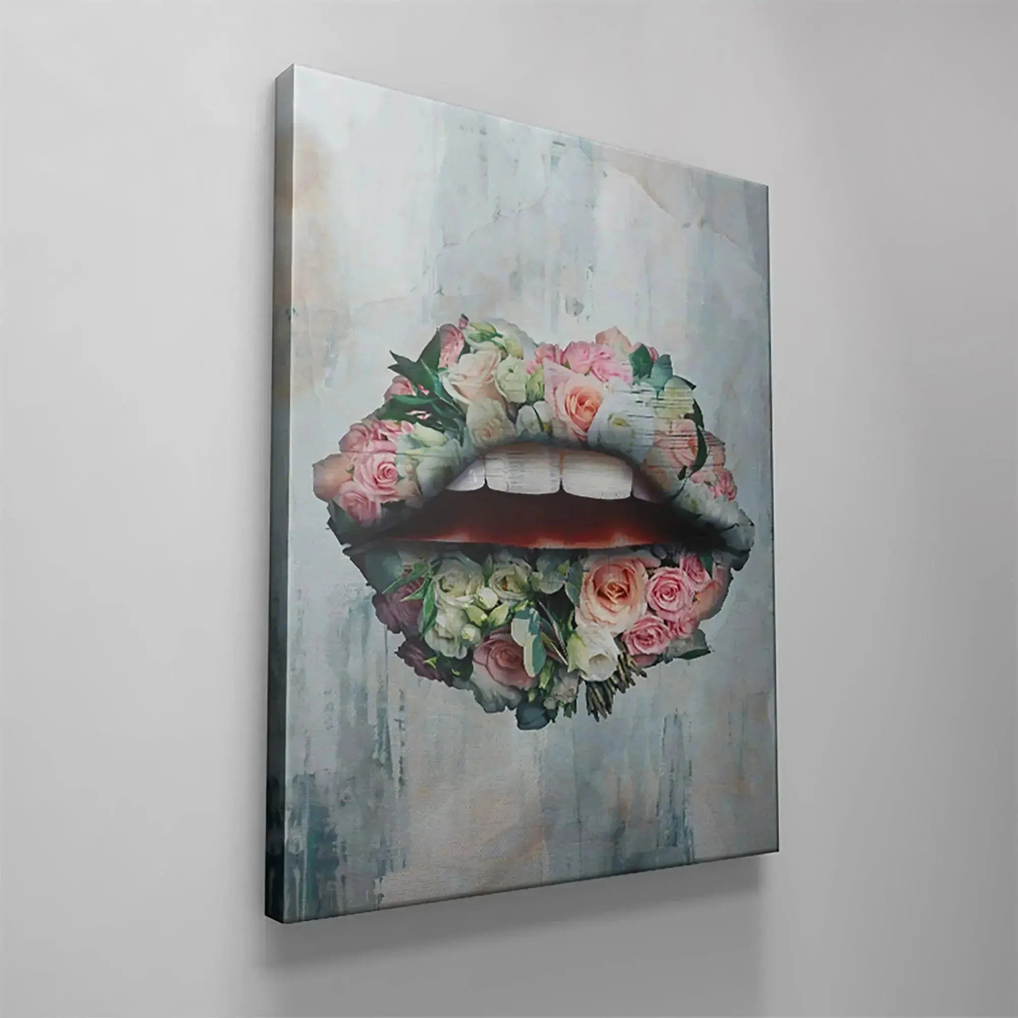 Description of the vibrant blush pink and ivory floral colors within the 'Bouquet Lips' composition.